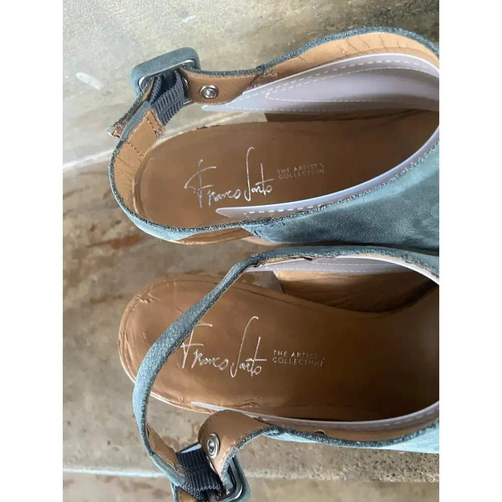 Franco Sarto Monogram denim blue nubuck leather peep toe sandal w/ block heel
